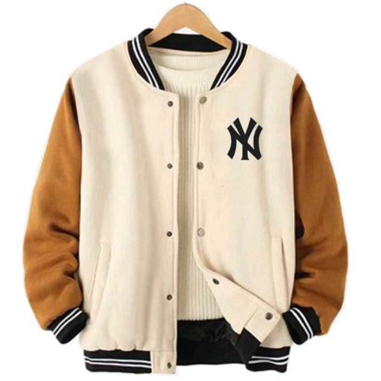 JAKET VARSITY LOGO NY CREAM KUNYIT SIZE M L XL 2XL 3XL 4XL 5XL 6XL JUMBO M L XL XXL XXXL XXXXL VARSI
