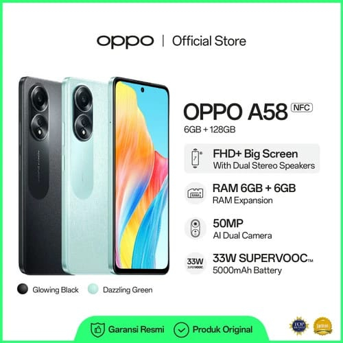 NEW OPPO A58 6/128 [6GB+6GB RAM Expansion, 5000 mAh SUPERVOOC 33W, Big Screen