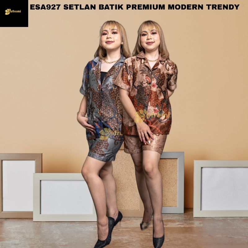 ESA927 STELAN WANITA BATIK MODERN/SET BATIK MODERN /STELAN BLAZER DAN CELANA BATIK SATIN MODERN/BATI