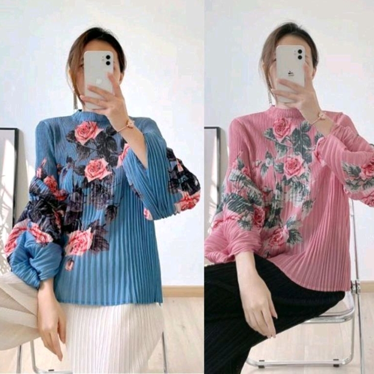 2449 Baju atasan blouse PLEATS DRAPED SLEEVE plisket top lengan panjang Korea Korean style wanita im