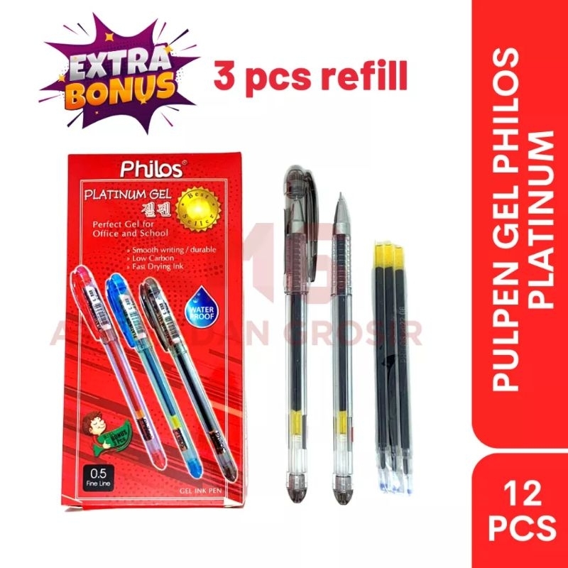 

Pulpen Gel Philos (1kotak/12pcs) free 3 refill