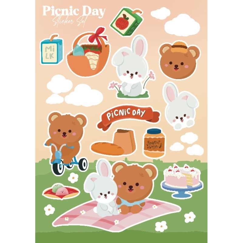 

Sticker set murah bagus lucu bear rabbit picnic cute