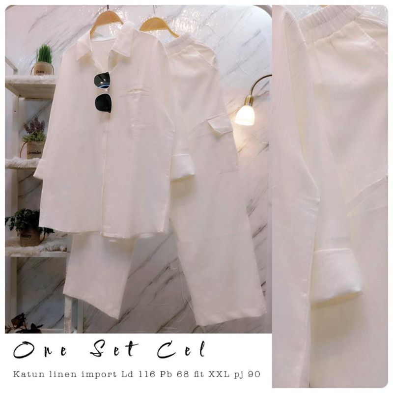 oneset celana katun linen import kargo fashion wanita modern