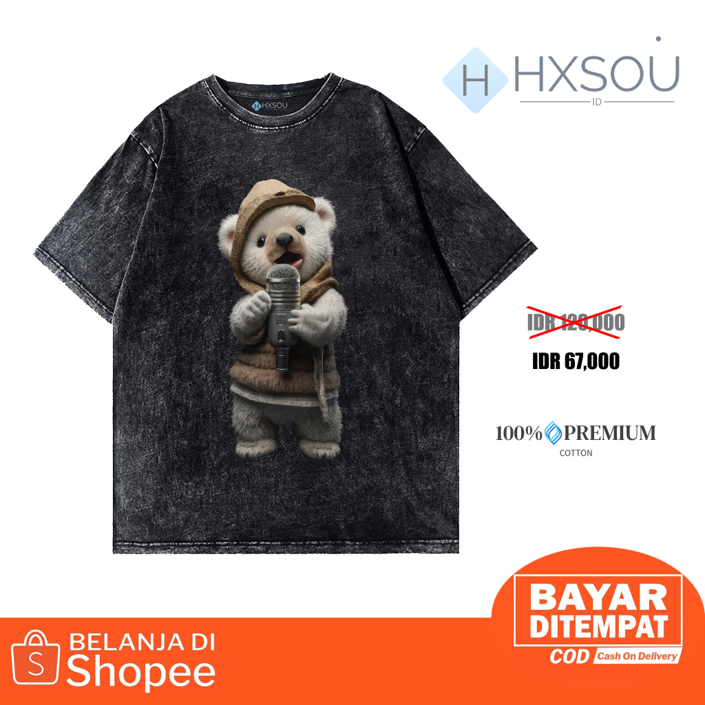 Hxsou Oversize Unisex T-shirt Wash / Baju Kaos Oversize Wanita Wash Bear C08