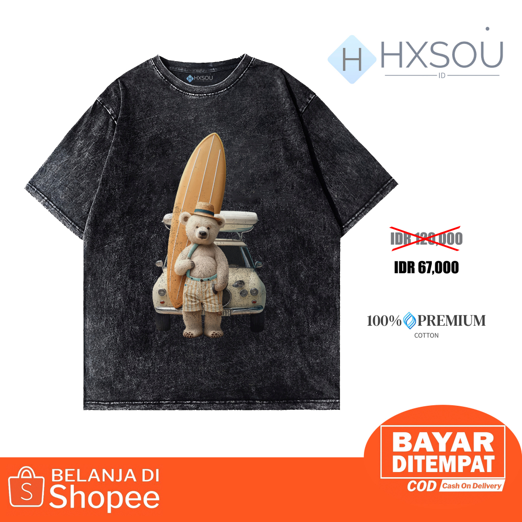 Hxsou Baju Kaos Oversize Unisex Washed Bear C13