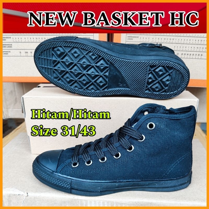 NEW BASKET Sepatu Sekolah Kerja Cowok Cewek NB HC Hitam Polos Resleting Size 34 sd 42 Original Berku