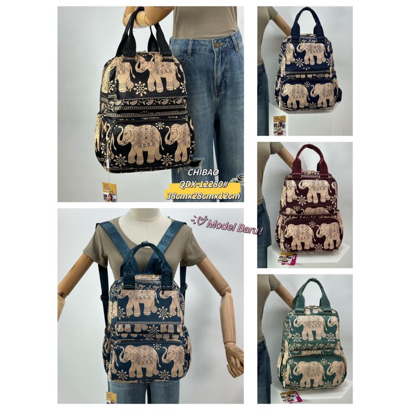 QDX12280-GAJAH TAS RANSEL WANITA IMPORT CHIBAO MOTIF GAJAH MUAT LAPTOP