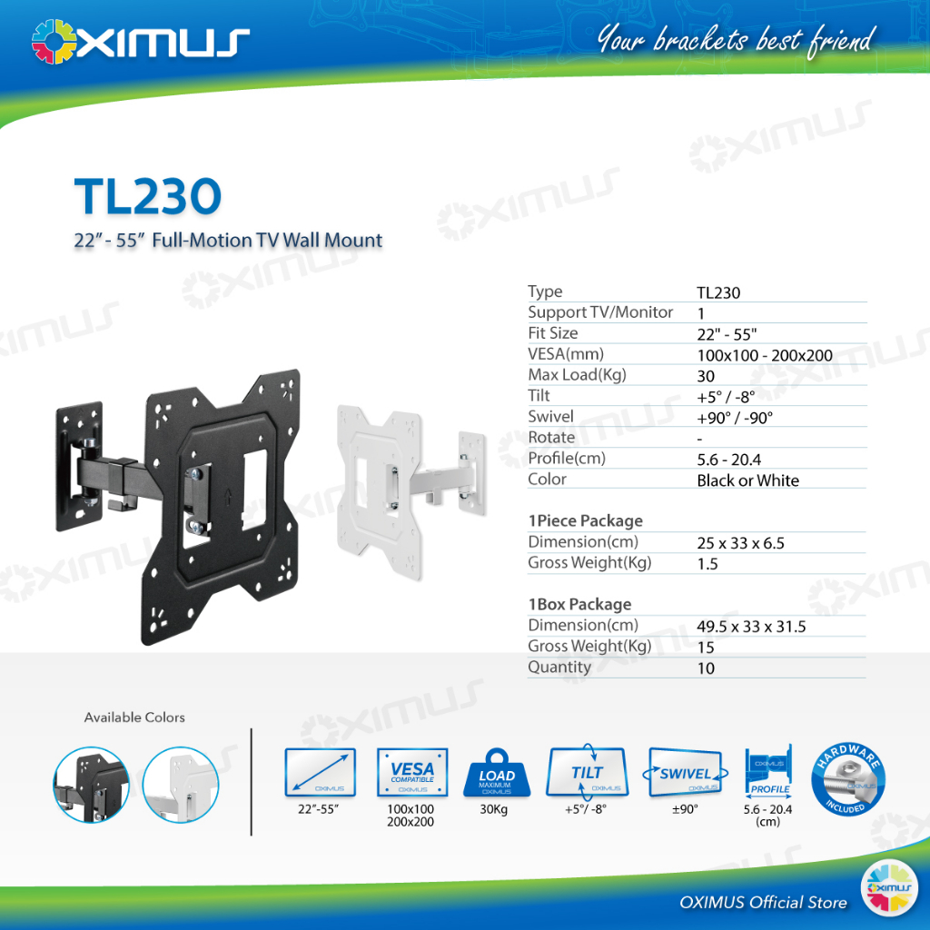 BRACKET TV LED LCD MONITOR 22" - 55" OXIMUS TL230 FULL- MOTION TV WALL MOUNT