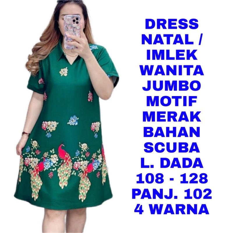WK DRESS KERAH MOTIF MERAK WANITA JUMBO LD. 110 120 130 BAJU IMLEK SINCIA NATAL MERAH HIJAU PEACOCK