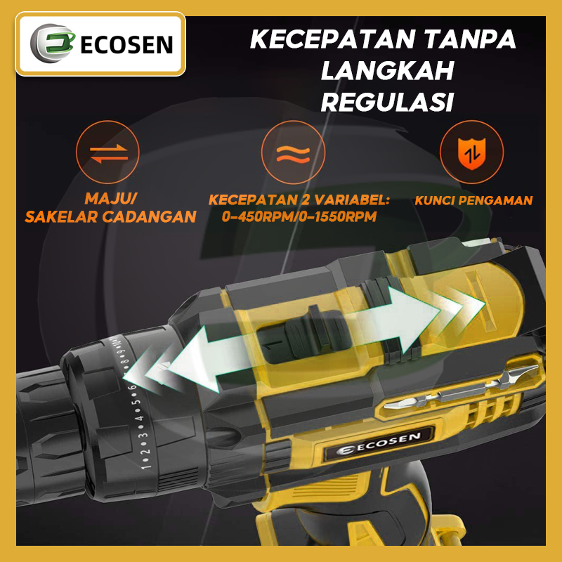 ECOSEN Mesin Bor Baterai Tangan With 2 Baterai 198VF Bor Tanpa Kabel Baterai Li-ion bor listrik murah bor tangan baterai besi tembok Beton kayu