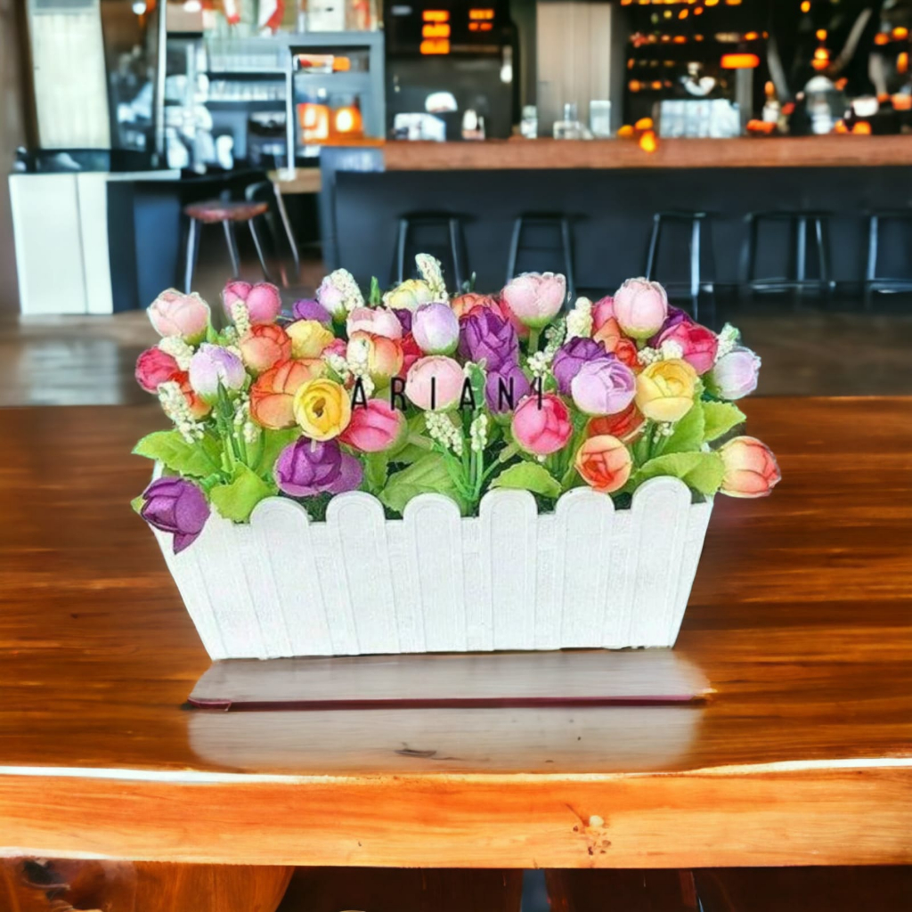 SET BUNGA PLASTIK KELERENG MINI MIX DENGAN POT PAGAR BESAR