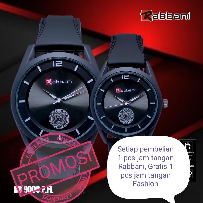 Jam tangan pria wanita / couple tali karet kesing hitam merk Rabbani.