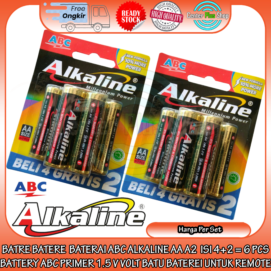Baterai Abc Alkaline Type Tipe AA A2 Battery 1.5v Isi 4+2 6 Pcs Batu Batere Ori Jam Remote Remot Ele