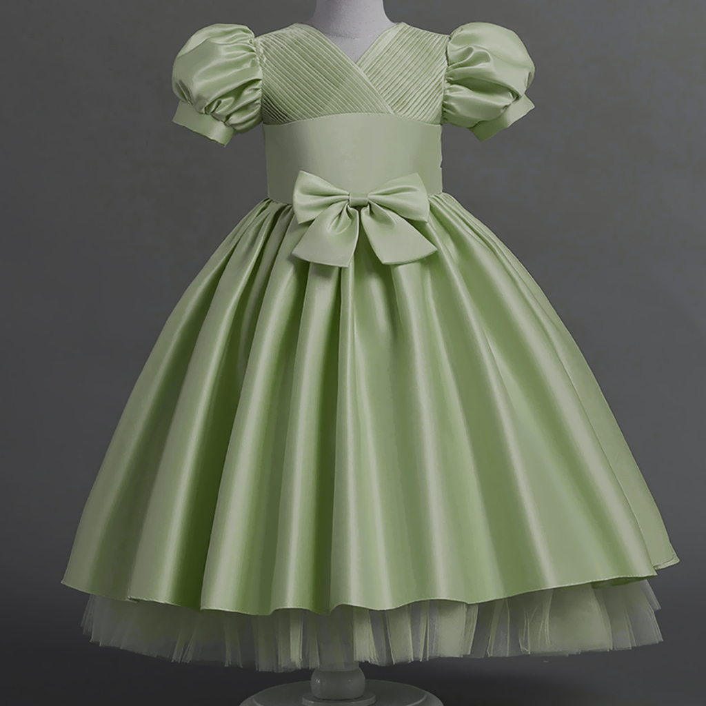 6-9Yrs Party Dress Sage Green PARTY DRESS SATIN ANAK PEREMPUAN SHORT SLEEVE PRINCESS DRESS