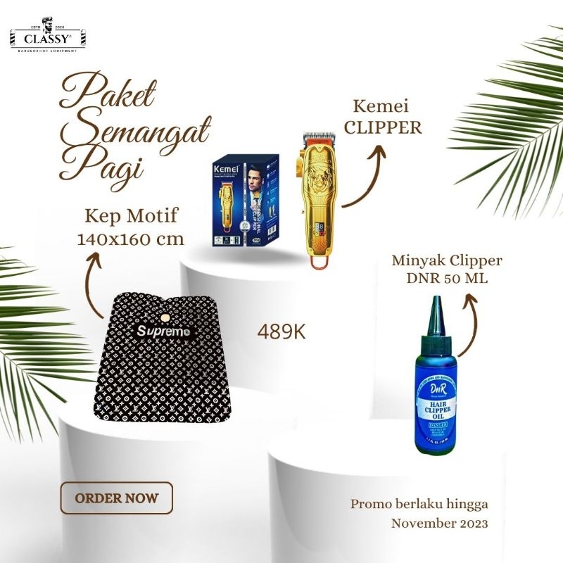 Paket Semangat Pagi KEMEI CLIPPER ALAT CUKUR RAMBUT BARBER DAN PERLENGKAPANNYA