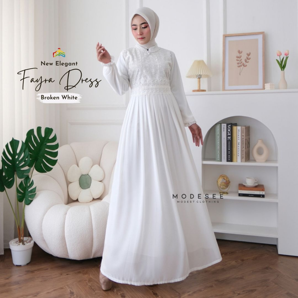 Baju Gamis Fayra Dress Putih Broken White / Dress Kombinasi brokat / Gamis wanita Dewasa / Baju Musl