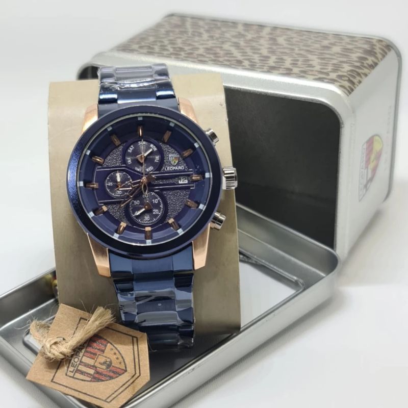Jam Tangan Pria Leopard Original Crono On Analog Stainles Stell