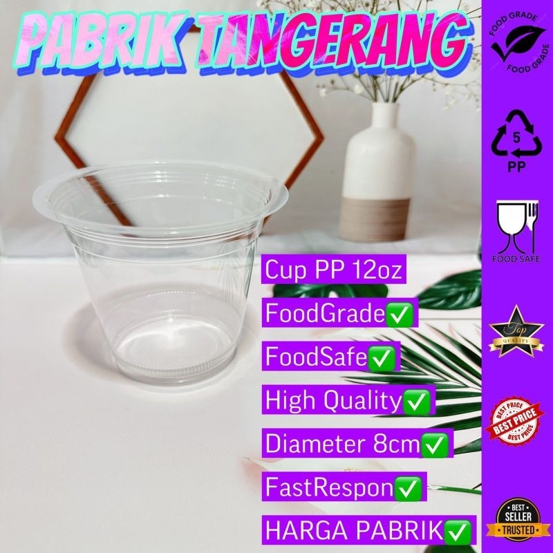 ISI 50 pcs Cup Gelas Plastik 12oz Cup PP Datar 12oz Gelas Plastik Minuman Cup PP Bening