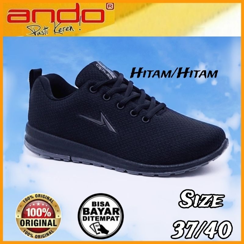 ANDO Sepatu Sekolah Kuliah Kerja Hitam Putih Polos Tali Pria Wanita Kekinian Nitta Saga Mia All Black 37 sd 40