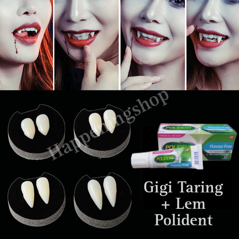 Terlengkap Paket Gigi Taring Palsu Lem Polident + Kuas Dracula Vamvire Halloween Prank Gigi Gingsul