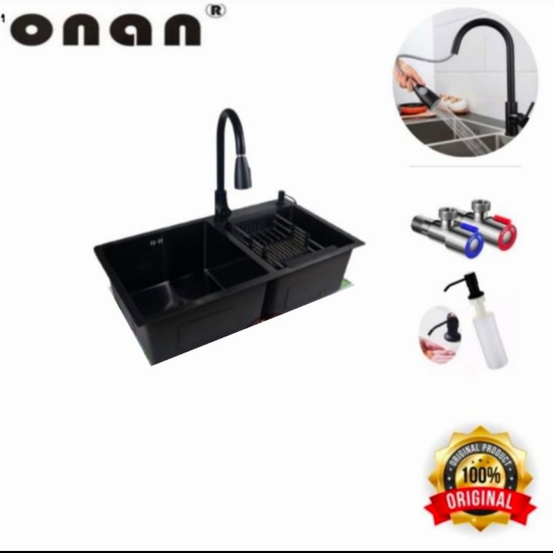 PROMO Paket Lengkap Bak cuci Piring ONAN 8245 BLACK Stainless sus 304 l bak cuci piring ORIGINAL ONA