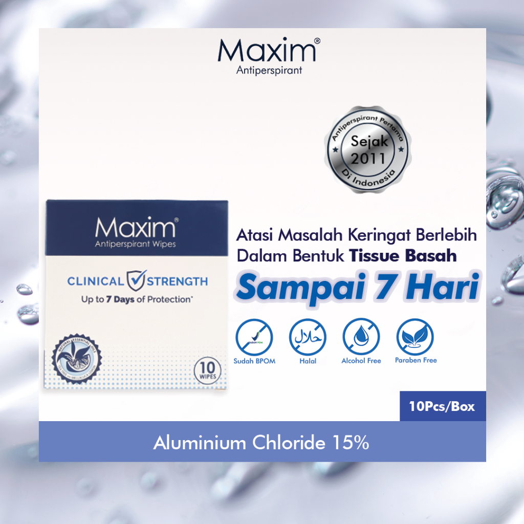 Maxim Antiperspirant Wipe 15% Solusi Masalah Hyperhidrosis, Ampuh Mengatasi Keringat Berlebih dalam 7 hari, Direkomendasikan oleh Dokter dan Pakar Dermatologis, Non-Alkohol, Non-Paraben, Halal dan BPOM - 1 Box isi 10 Sachet