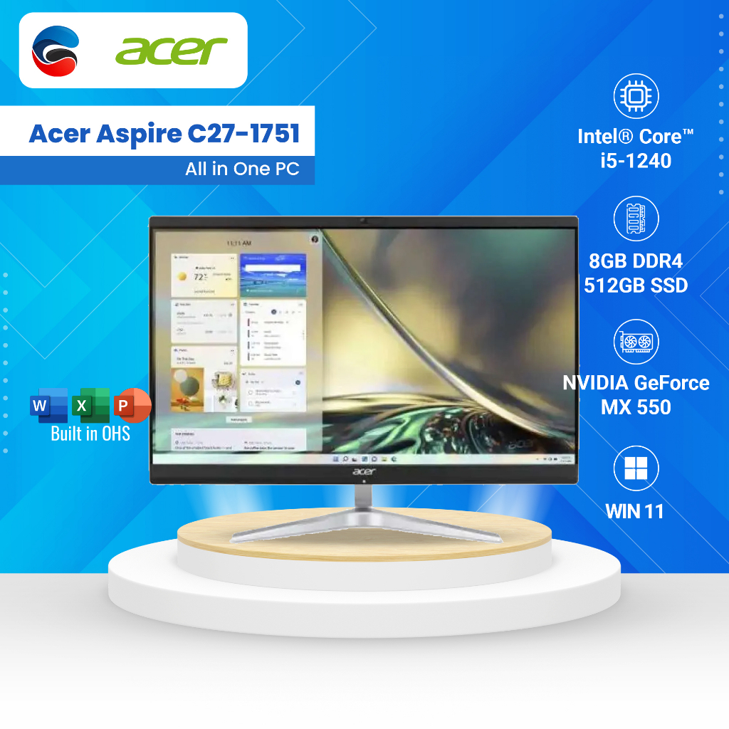 ACER PC Desktop AIO Aspire C27 1751 Intel Core i5 1240P 8GB 512GB SSD MX550 27" FHD OHS 2021 Windows