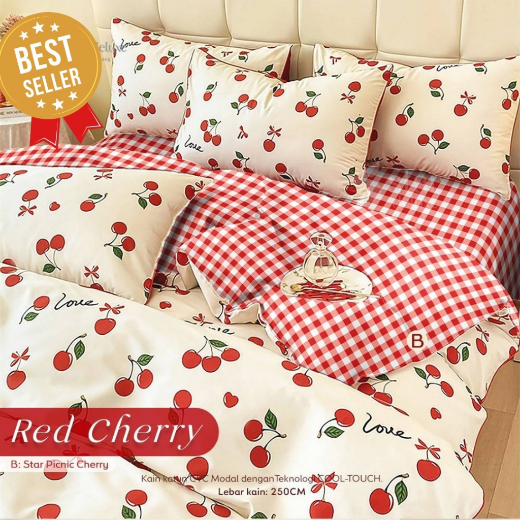 Sprei SET LIVE [ MOTIF RED CHERRY ] katun premium BEVERLY, ESRA, STAR
