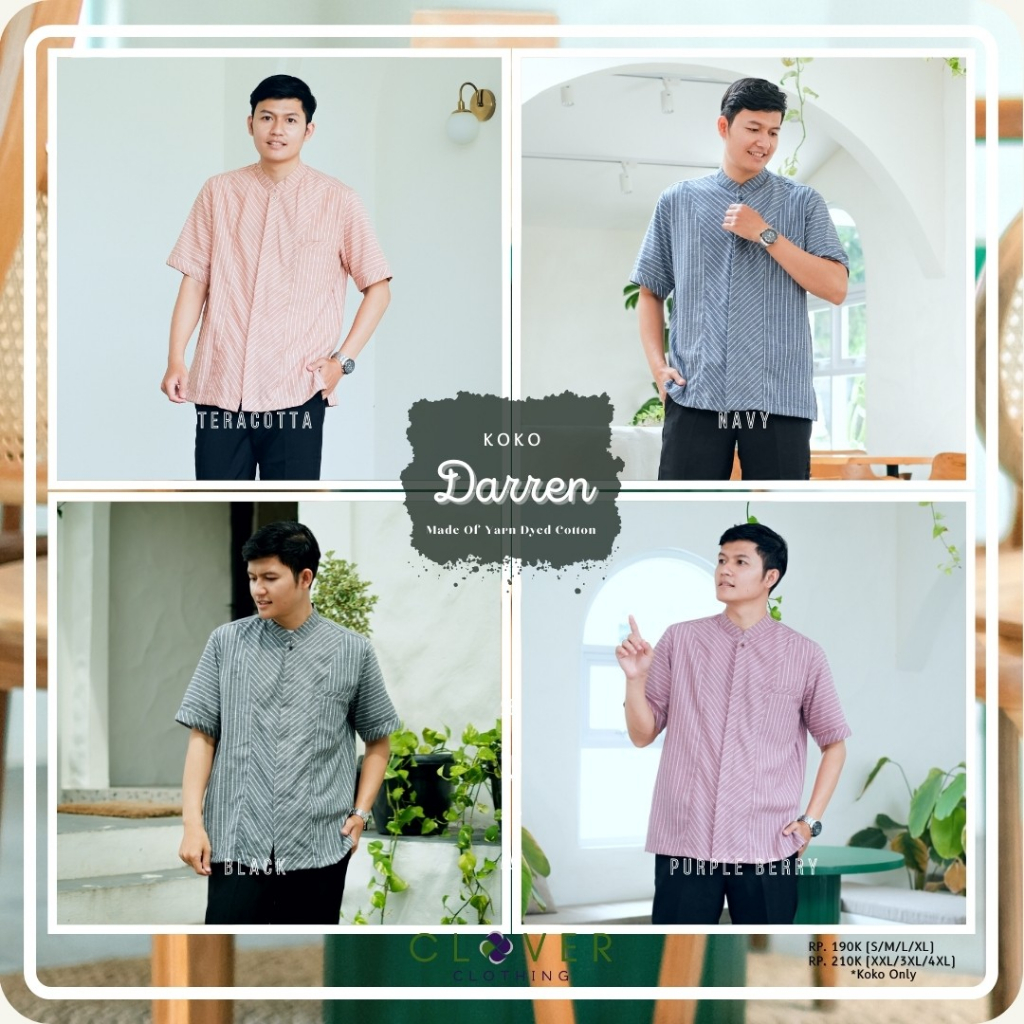 Clover Clothing-Koko Darren Black-Teracotta-Navy-Purple Berry Yarn Dyed Cotton Kemeja Pria Muslim Re