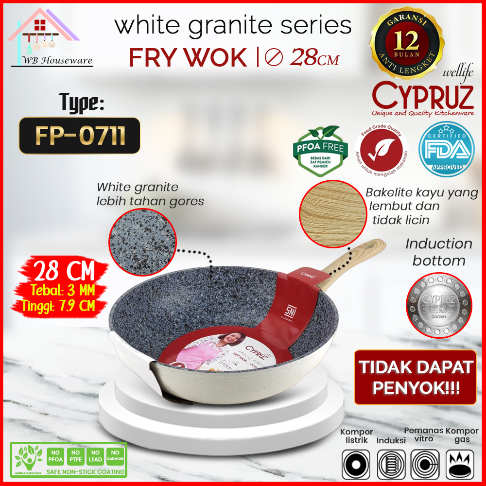 CYPRUZ Panci Fry wok 28cm white granite anti lengket / wajan masak listrik induksi / kuali penggoren