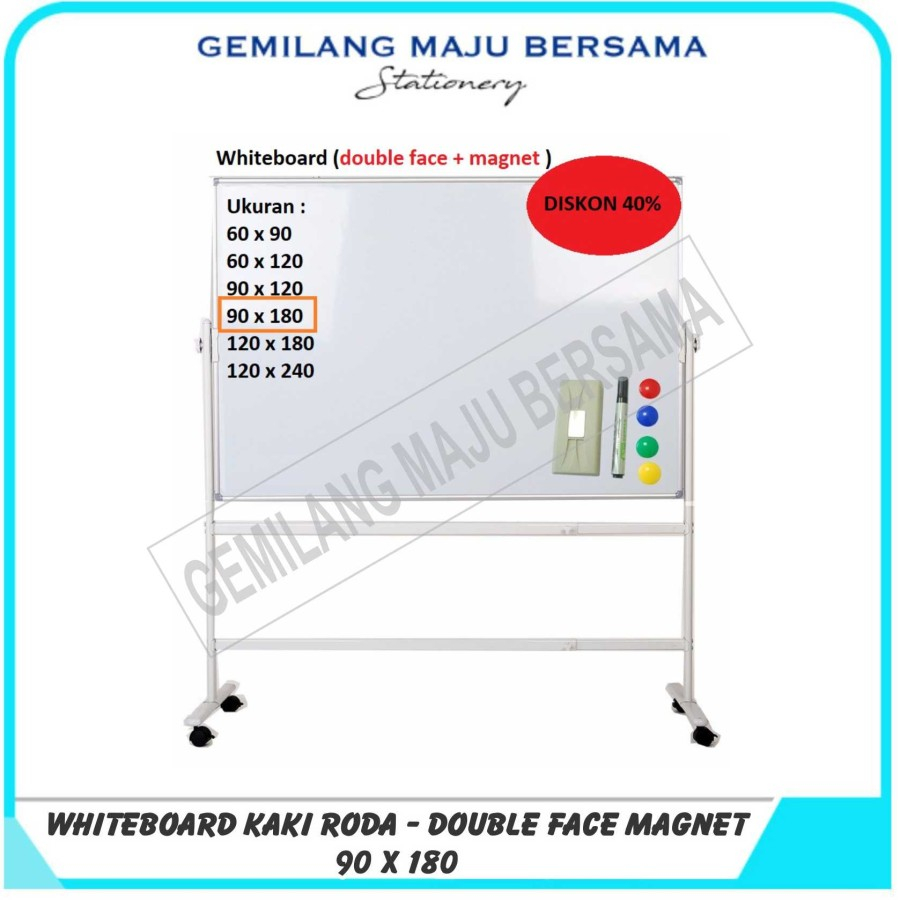 

Whiteboard / Papan Tulis + Kaki Roda 90cm x 180cm ( 2 Muka Bolak Balik / Non Magnetic/ Magnetic)