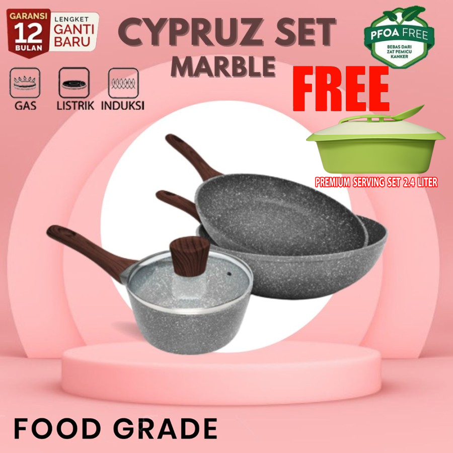 Cyprus cookware marble set Cypruz Pan Set 3 Pcs Panci Wajan Induksi