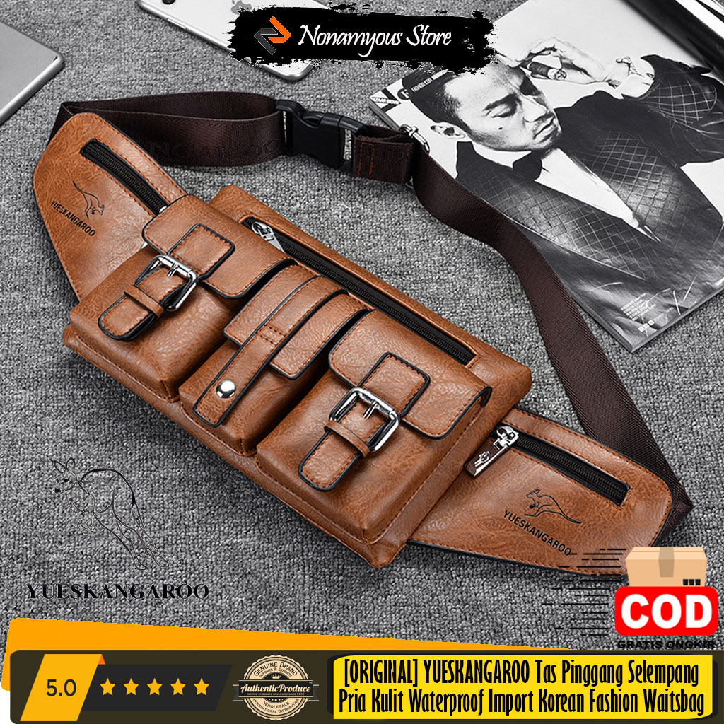 [ORIGINAL] YUESKANGAROO Tas Pinggang Selempang Pria Kulit Waterproof Import Korean Fashion Waitsbag