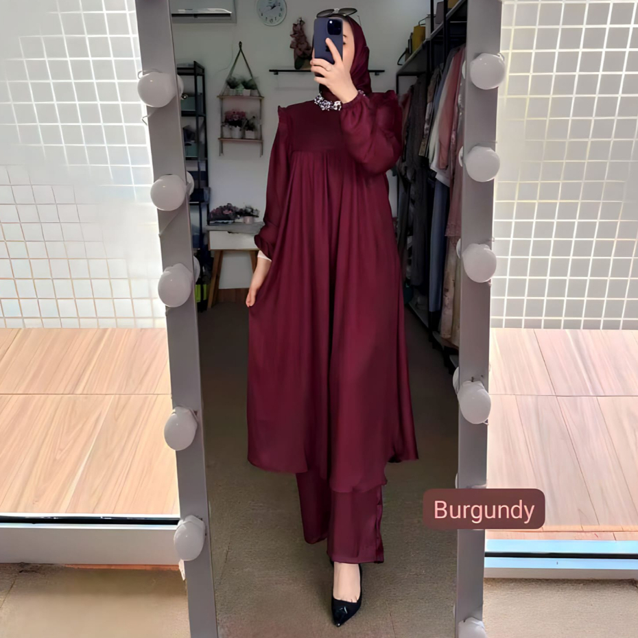 ONE SET LONG TUNIK POLOS SHIMER PREMIUM - SETELAN TUNIK SHIMER MODEL TERBARU - ONE SET WANITA KEKINI