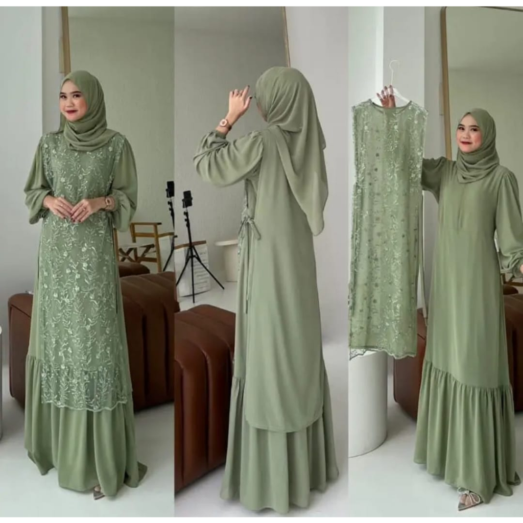 Sintia Dress Ceruty Babydoll Mix Brokat Long Dress Pesta Kondangan INNER + OUTER Mewah dan elegan