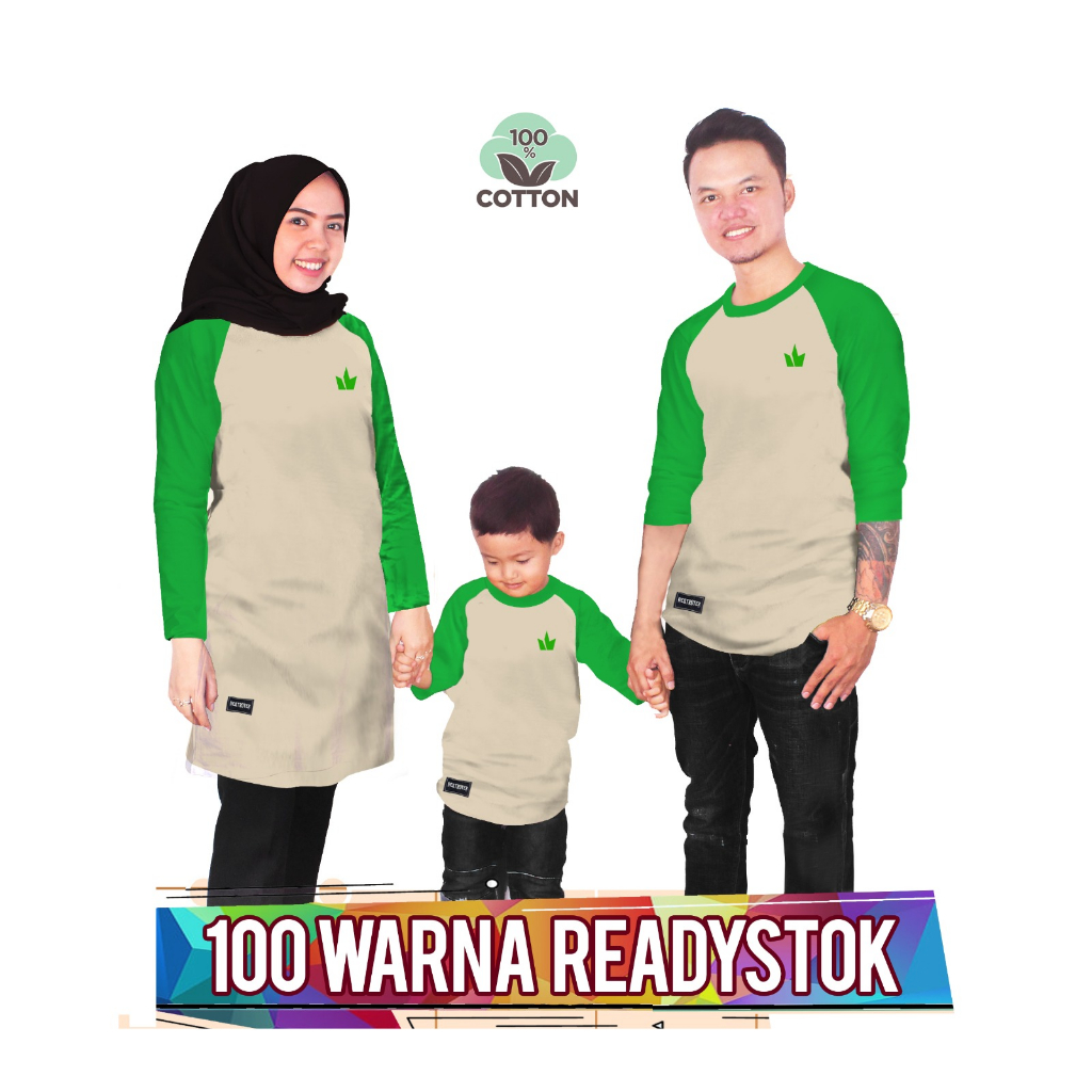 RAGLAN BASIC CREAM HIJAU FUJI Baju Kaos Keluarga couple anak laki laki perempuan ibu ayah ada ukuran