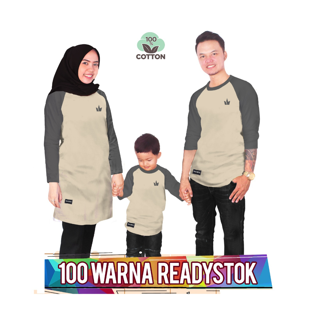 RAGLAN BASIC CREAM Abu Tua Baju Kaos Keluarga couple anak laki laki perempuan ibu ayah ada ukuran ju