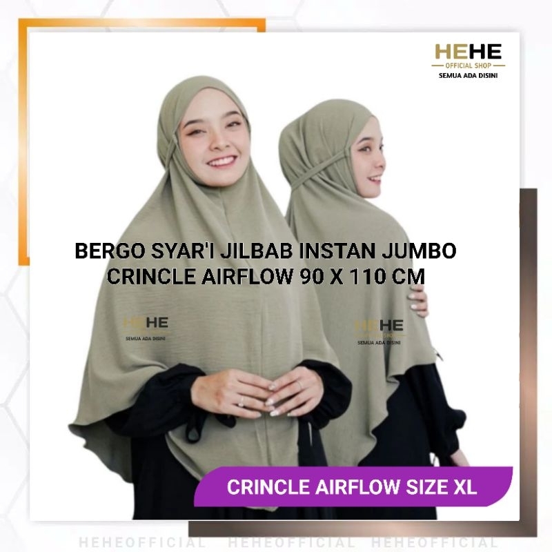 Jilbab Bergo Crincle Airflow Jumbo Premium Kerudung Instan Crinckel Hijab Syar'i Size XL Warna Hitam