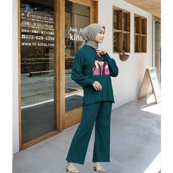 Setcel Lengan Panjang Manset Bahan Babyterry Digital Print Cewek Topi / Setelan Celana Kekinian Ld 1