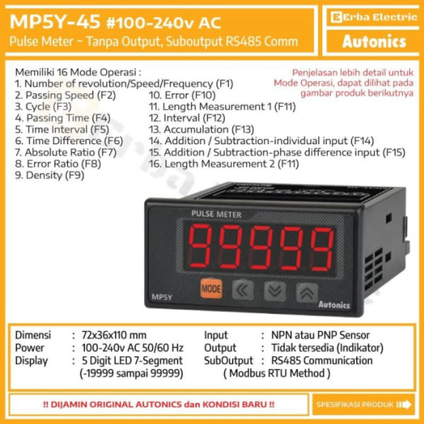 Autonics MP5Y-45 Pulse Meter Digital Panel Meter Resmi Original 72x36 Berkualitas