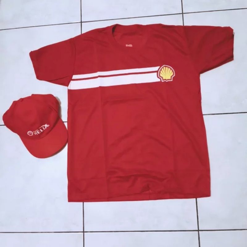 Topi + Totebag + Baju Kaos Mekanik Merah Oli Shell Helix Synthetic Motor Oil ukuran Free Size