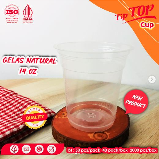 Gelas Plastik 14 oz / Cup Tiptop 10oz / Gelas Plastik Datar Gelas Natural 50 pcs (tanpa tutup)