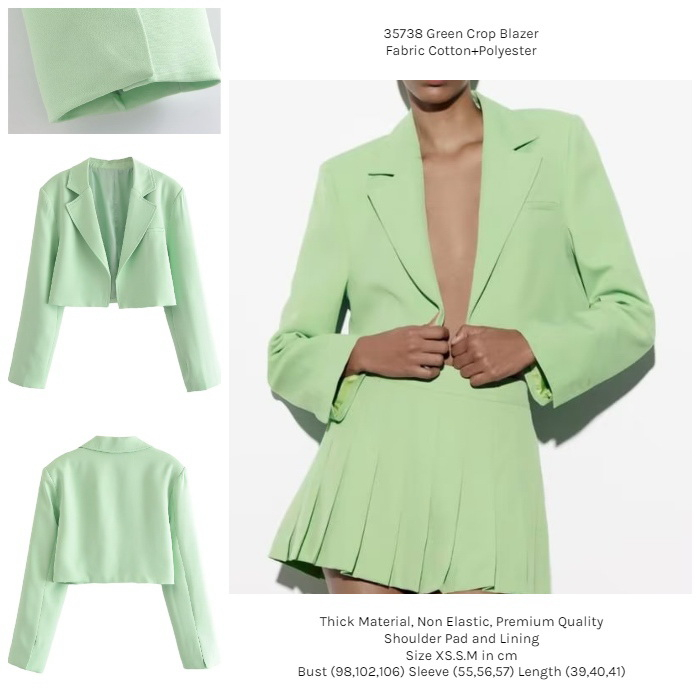 35738 Blazer Crop Wanita Lengan Panjang Blazer Hijau Green Crop Blazer