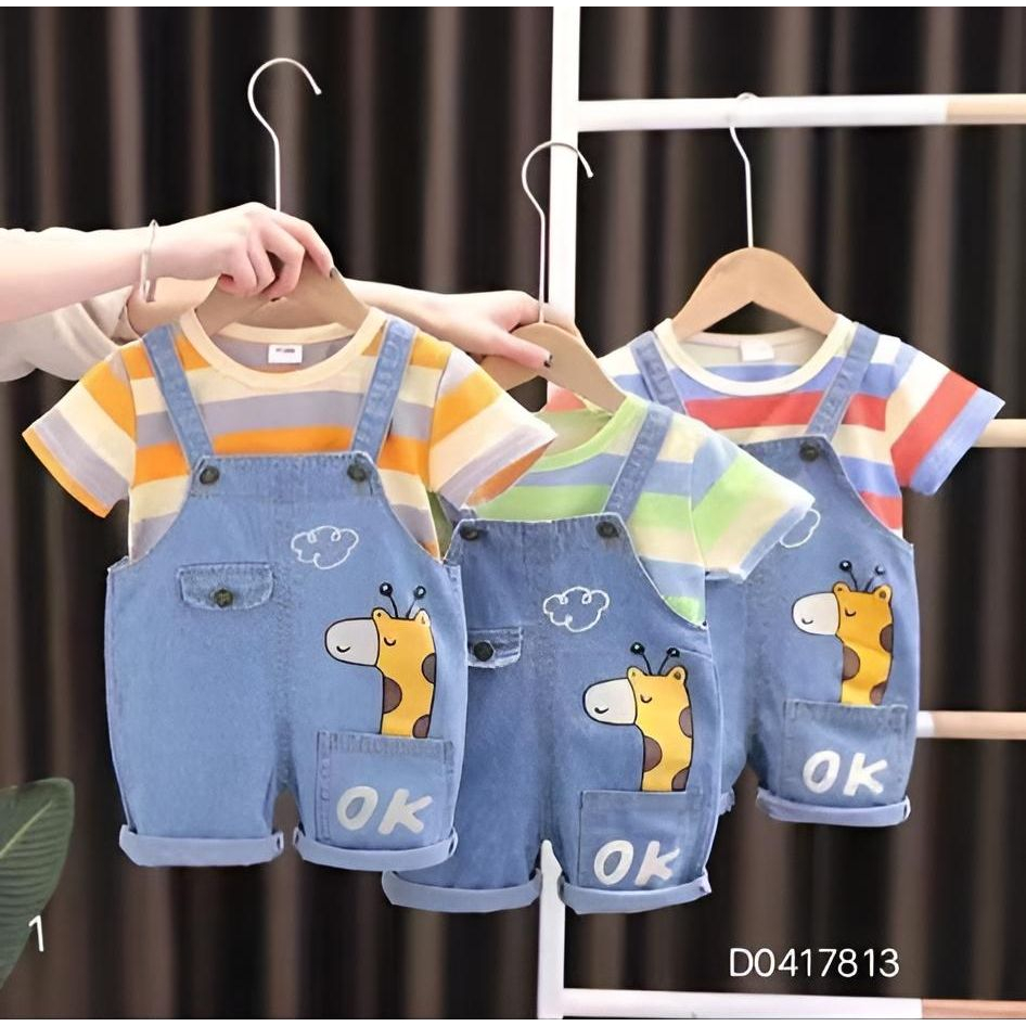 Setelan Overall Jeans Import Anak Laki Laki Usia 1-4 Tahun || Overall Jeans Baju Kaos Salur Baju Kod