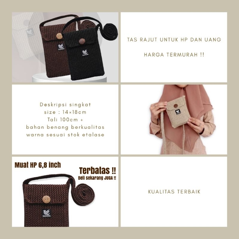 ELGHEERA Tas Rajut untuk Hp dan Uang motif Polos elegan / tas hp / tas selempang rajut