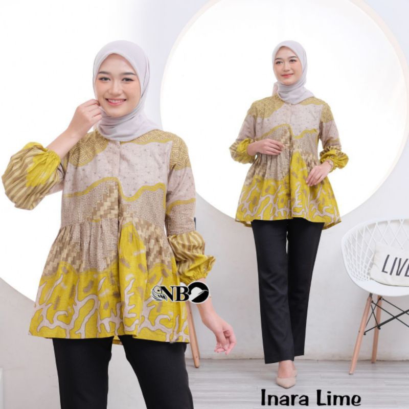 Batik Wanita Lengan Balon/ Kemeja Batik Wanita Modern / Seragam Batik Kantor Hijau Sage Biru Navy Denim Abu Ungu Lilac Merah Hitam Pink Kluning Lemon Yellow Lime