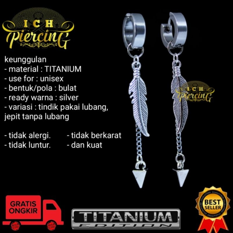 ICH anting pria tindik dan jepit model daun rantai bandul warna silver / anting tindik pria wanita h