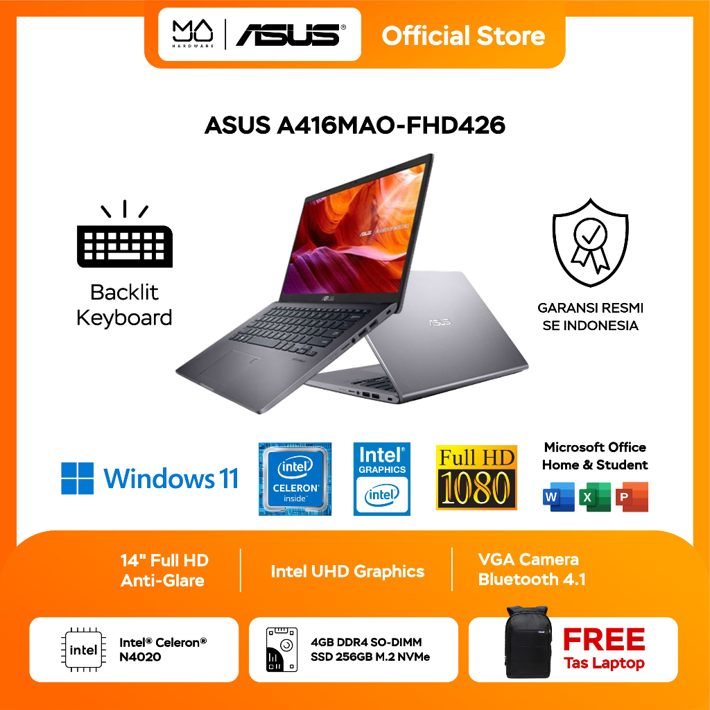 Laptop ASUS VIVOBOOK 14 A416MAO FHD426 N4020 4GB 256SSD W11+OHS 14.0FHD Grey - Garansi Resmi