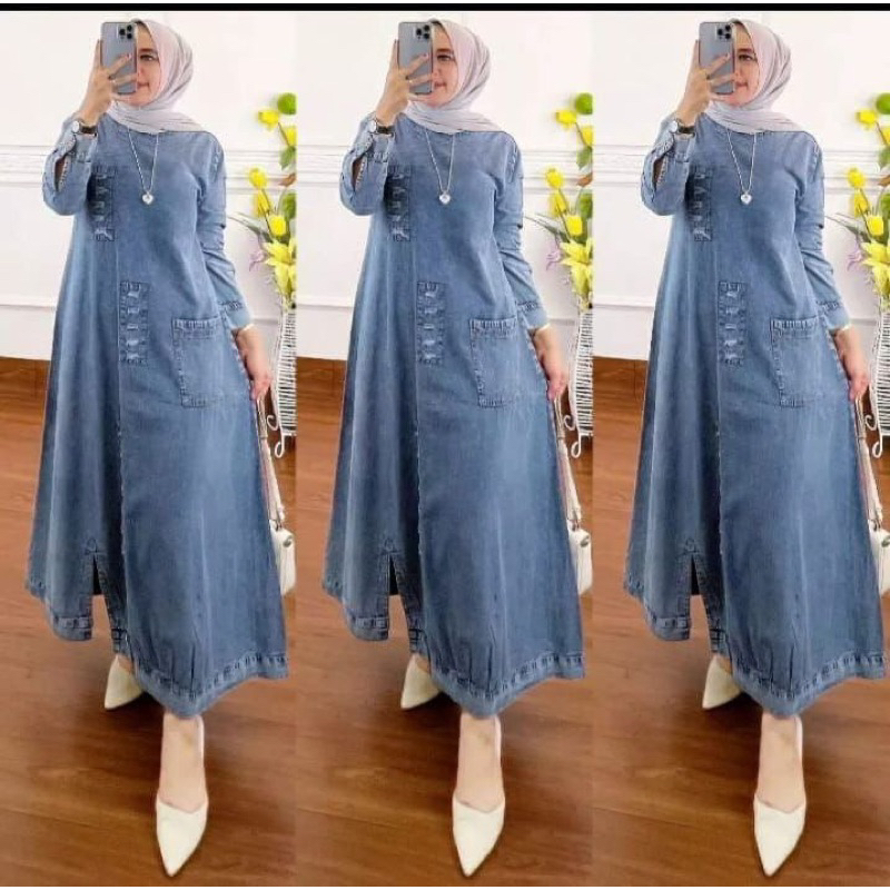 Midi Azkia soft jeans ld110cm|tunik jeans terbaru|dress cantik 2023 Muslim Panjang