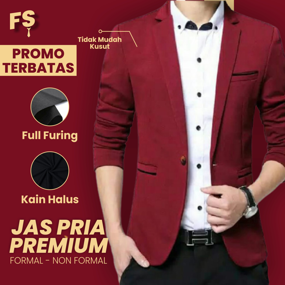 BLAZER JAS KOREA NIKAH WISUDA PENGANTIN PRIA SLIM FIT FORMAL - MAROON POLOS 017